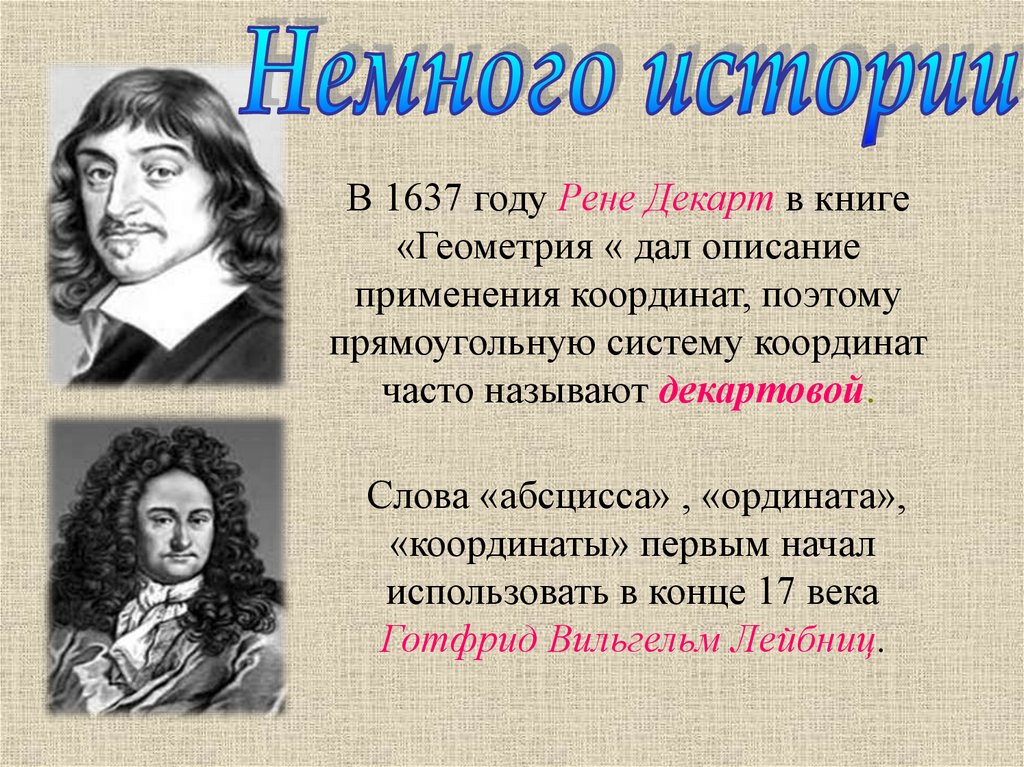 История систем координат. «Геометрия» (1637 Рене Декарт. История возникновения координат. Рене Декарт координатная плоскость. 1637 Год в истории.