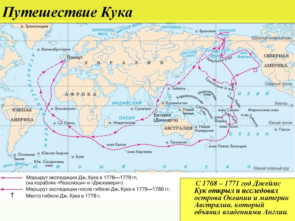 Маршрут какого путешественника показан на карте 7. Путешествие Джеймса Кука 1768-1771.