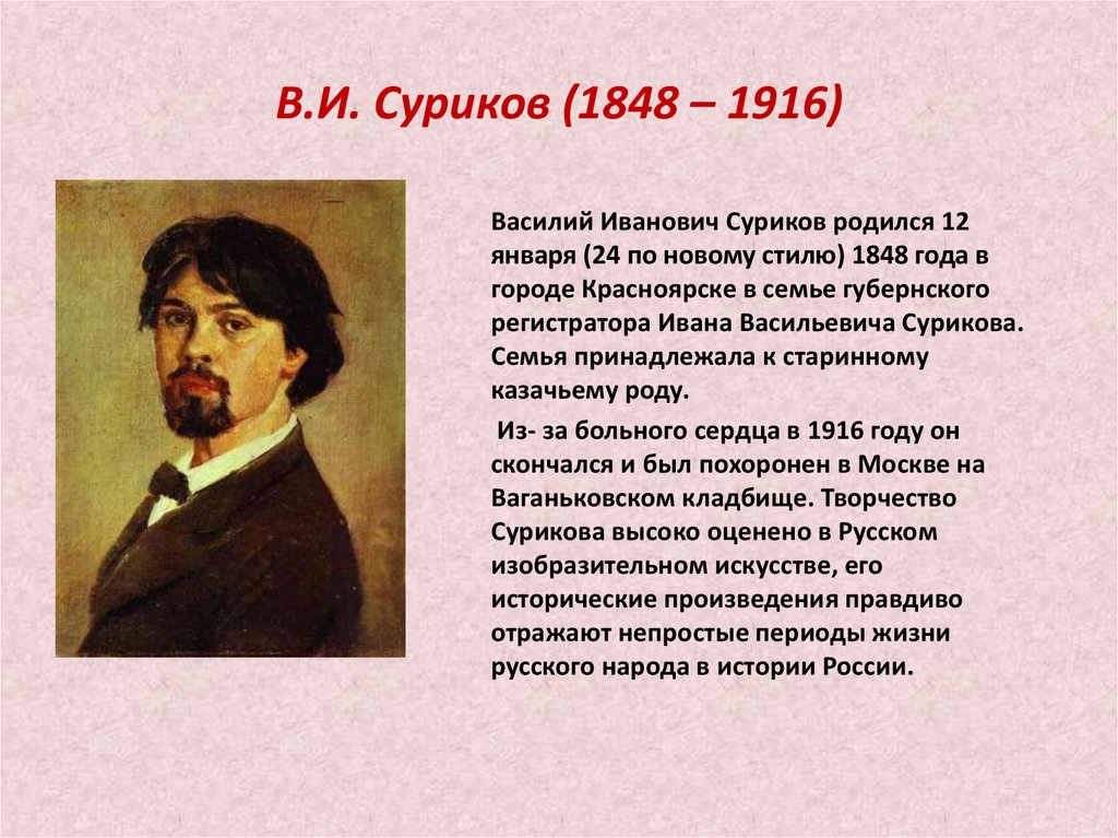 Жизнь и творчество сурикова. В И Суриков 1848 1916.