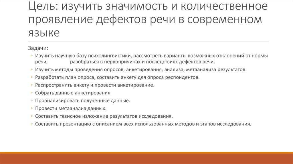 Цель: изучить значимость и количественное проявление дефектов речи в современном языке