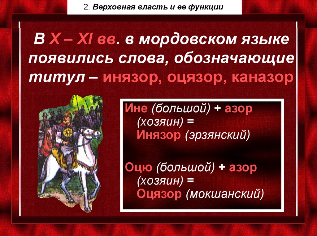 В X – XI вв. в мордовском языке появились слова, обозначающие титул – инязор, оцязор, каназор