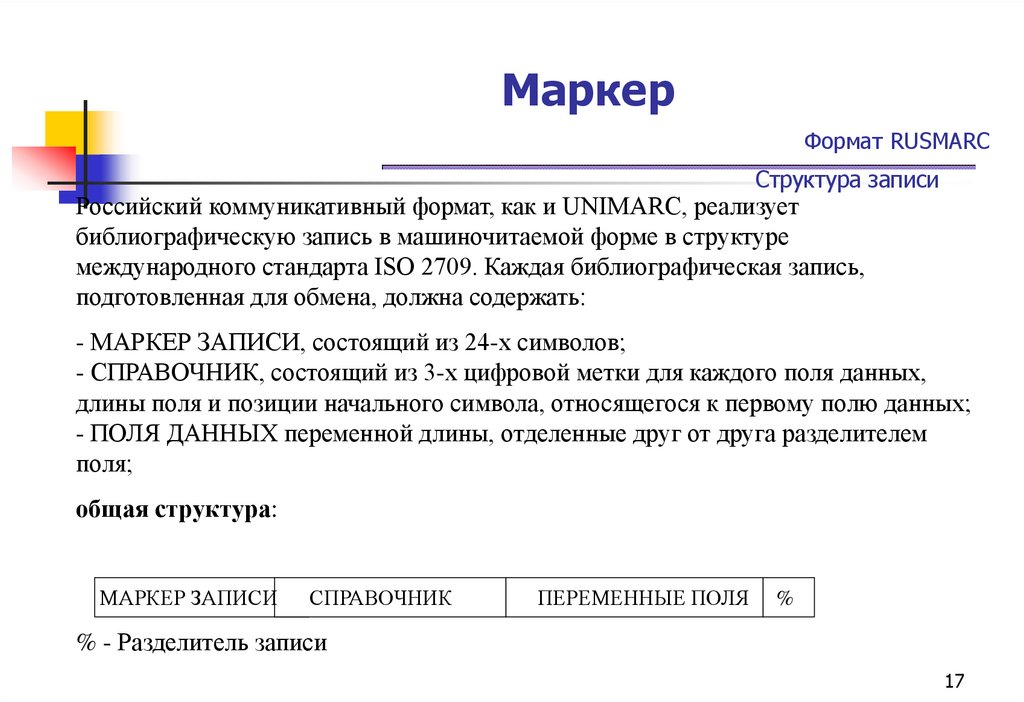 Маркер Формат RUSMARC Структура записи