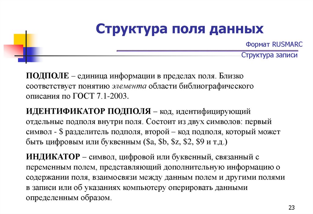 Структура поля данных Формат RUSMARC Структура записи