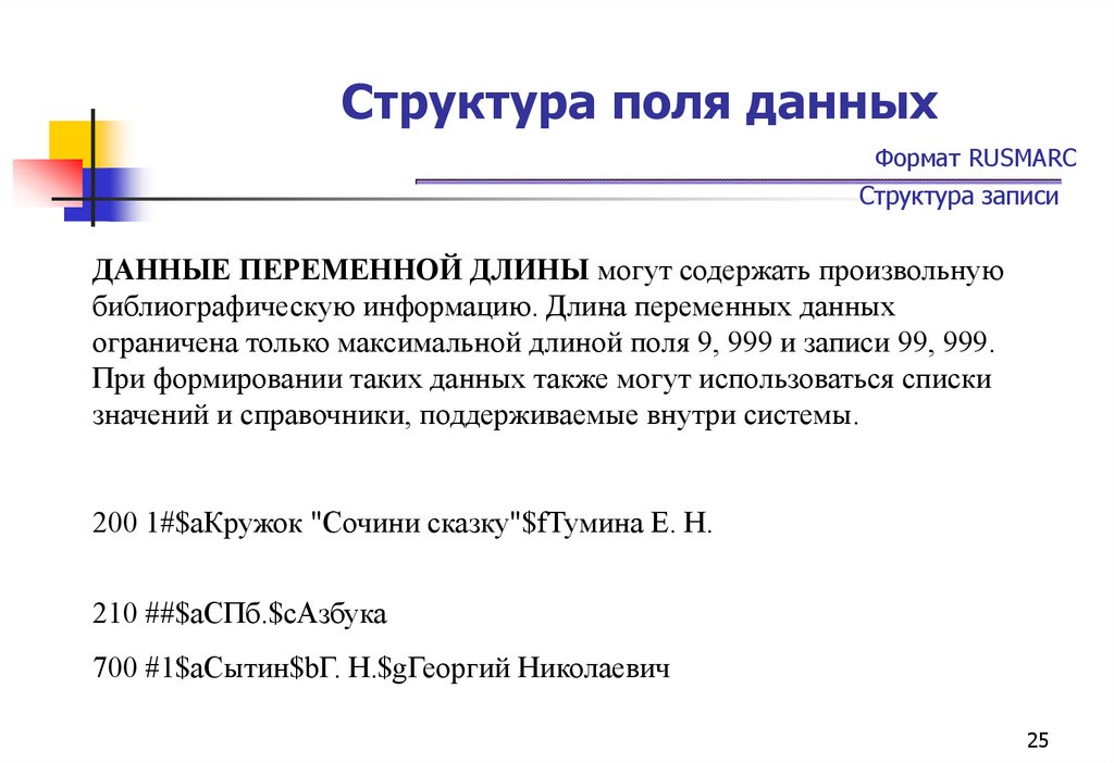 Структура поля данных Формат RUSMARC Структура записи