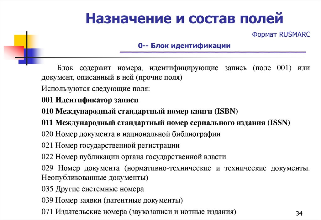 Назначение и состав полей Формат RUSMARC 0-- Блок идентификации