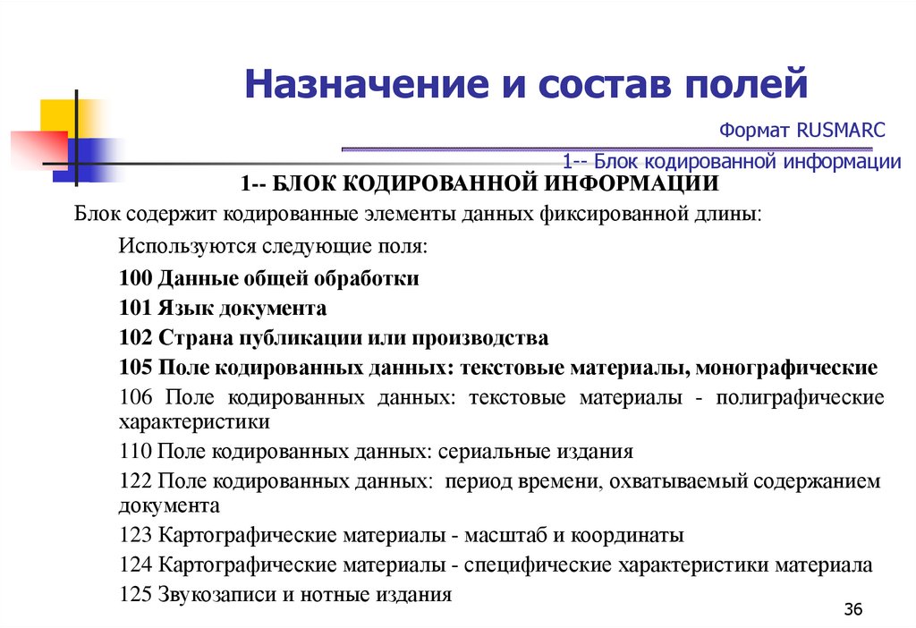 Назначение и состав полей Формат RUSMARC 1-- Блок кодированной информации