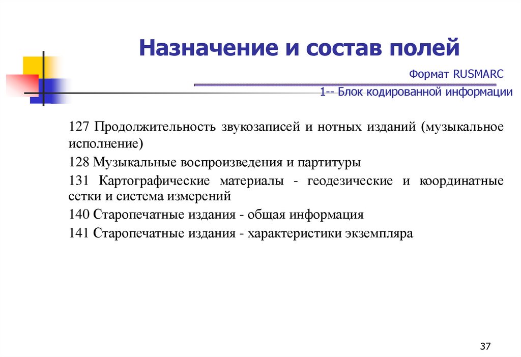 Назначение и состав полей Формат RUSMARC 1-- Блок кодированной информации