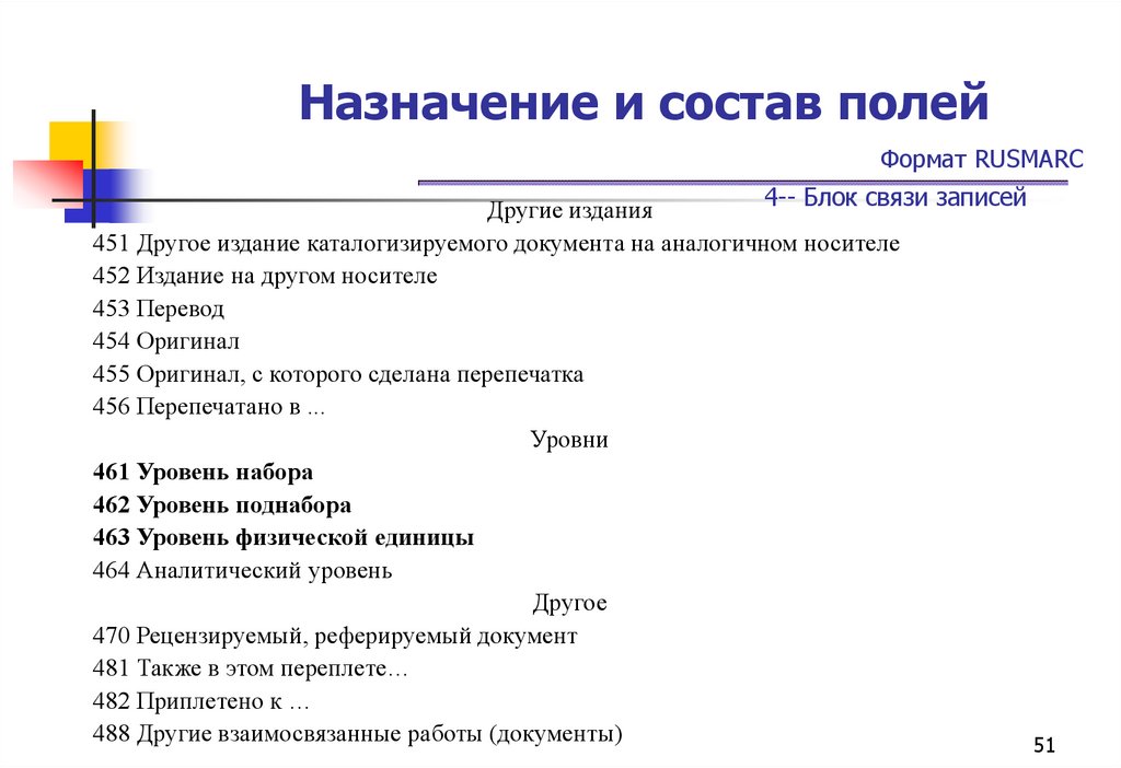 Назначение и состав полей Формат RUSMARC 4-- Блок связи записей