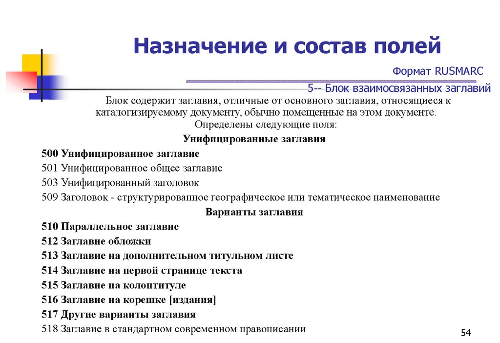 Назначение и состав полей Формат RUSMARC 5-- Блок взаимосвязанных заглавий