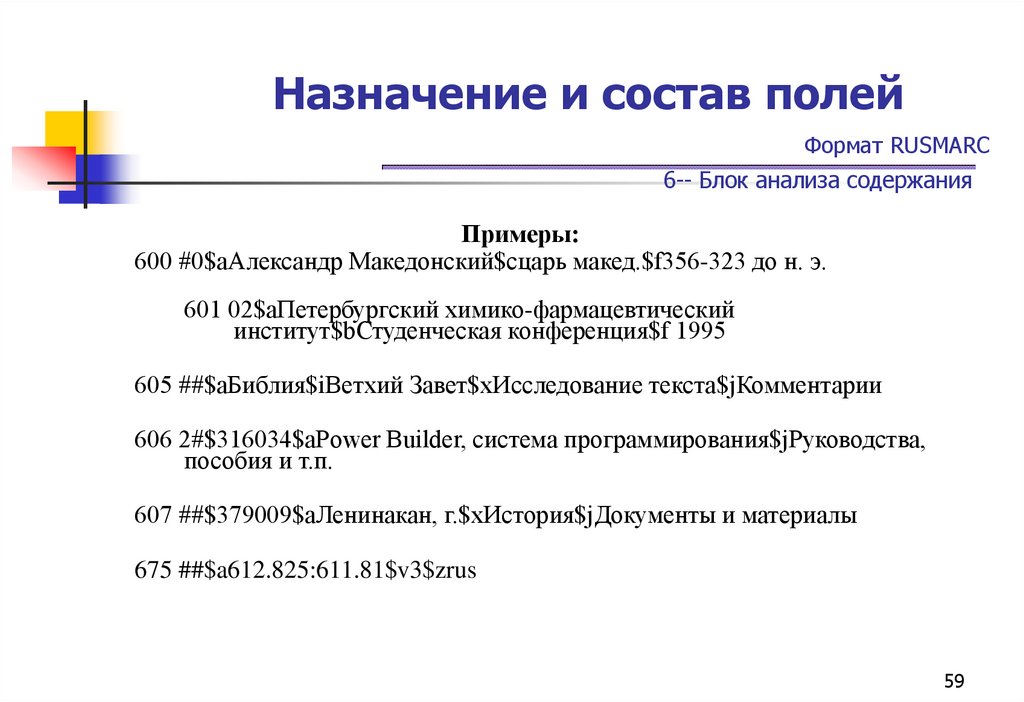 Назначение и состав полей Формат RUSMARC 6-- Блок анализа содержания