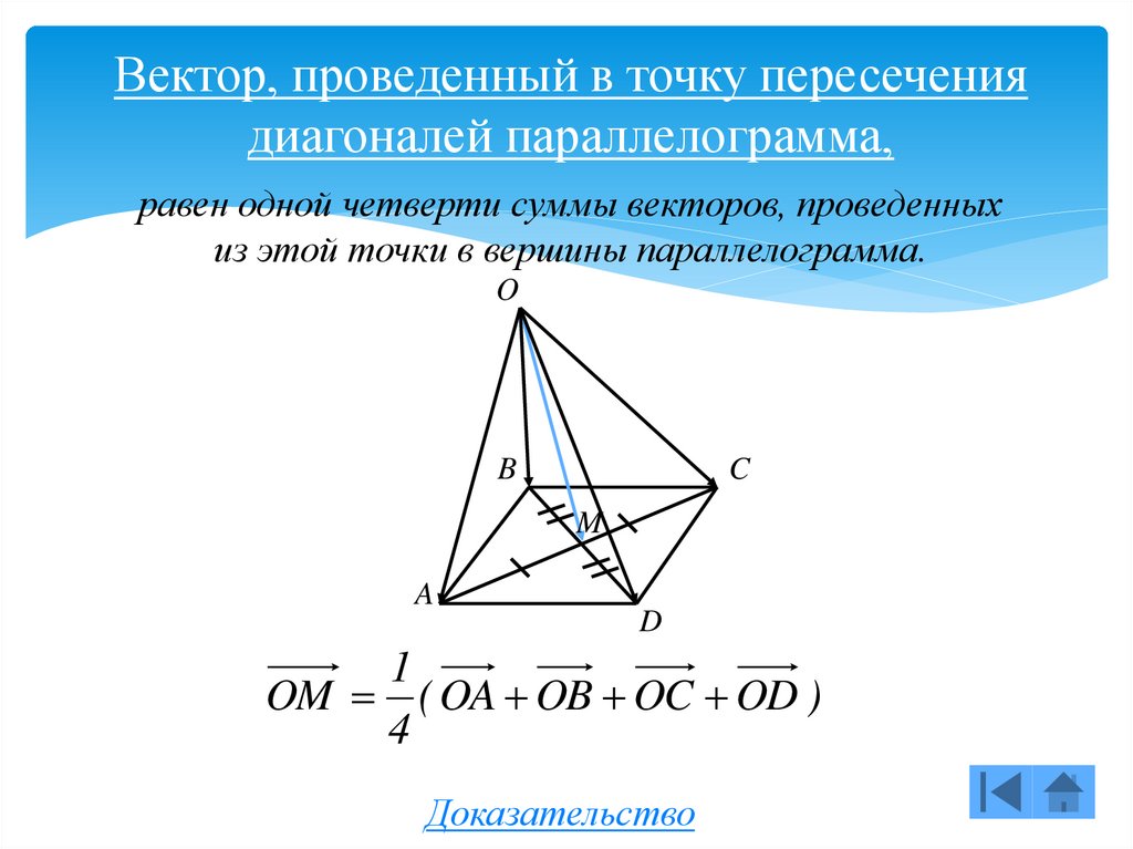 Точка пересечения диагоналей равностороннего треугольника. Точка пересечения диагоналей параллелепипеда. Высота и точка пересечения диаг. Вектор проведённый в середину. Точка пересечения диагоналей Куба является.