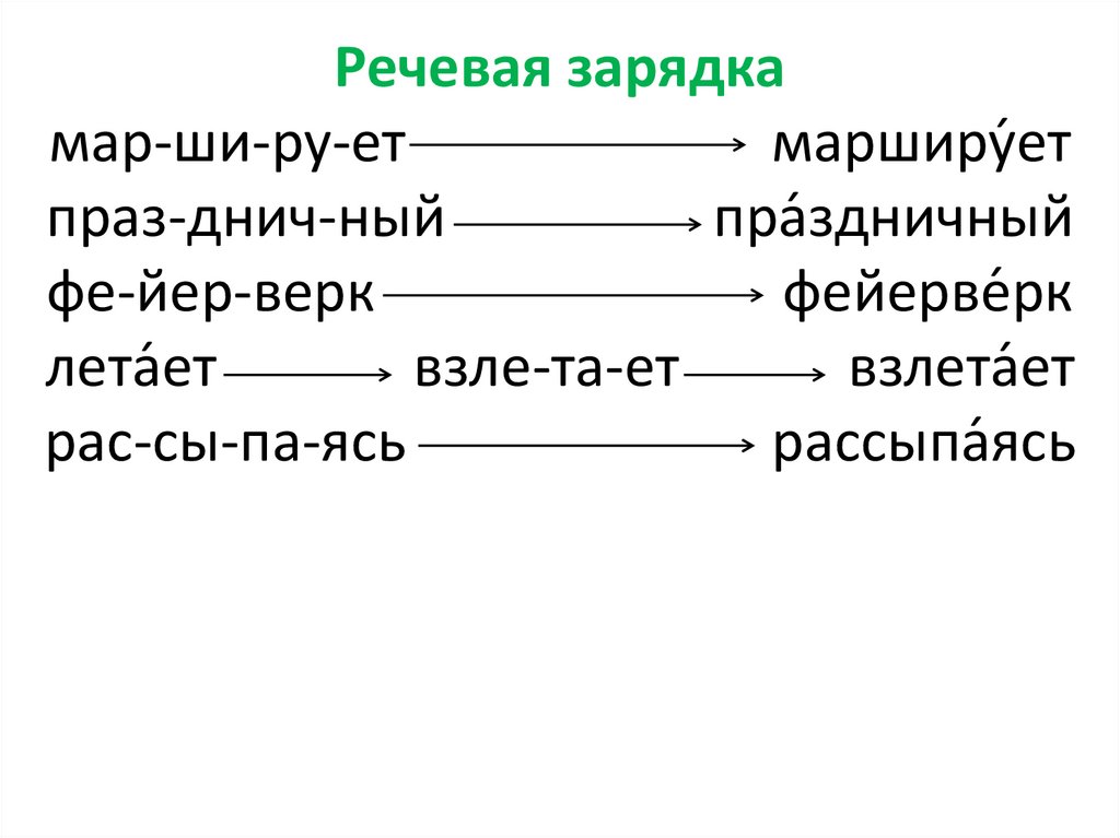 Речевая зарядка мар-ши-ру-ет марширу́ет праз-днич-ный пра́здничный фе-йер-верк фейерве́рк лета́ет взле-та-ет взлета́ет