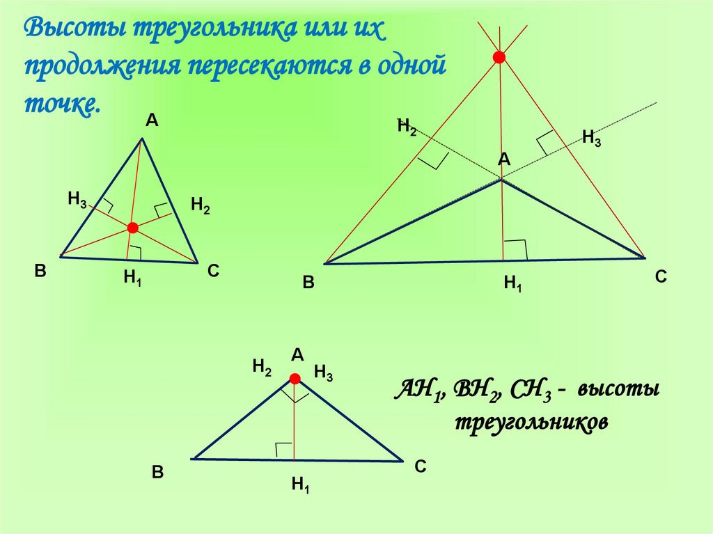Высота треугольного треугольника. Высота треугольника. Высоты треугольника пересекаются в одной точке. Продолжения высот треугольника. Пересечение высот в треугольнике.