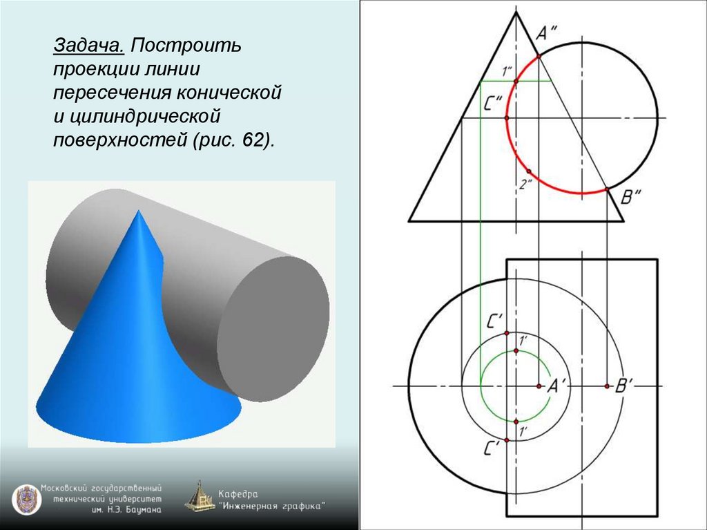 Задача. Построить проекции линии пересечения конической и цилиндрической поверхностей (рис. 62).