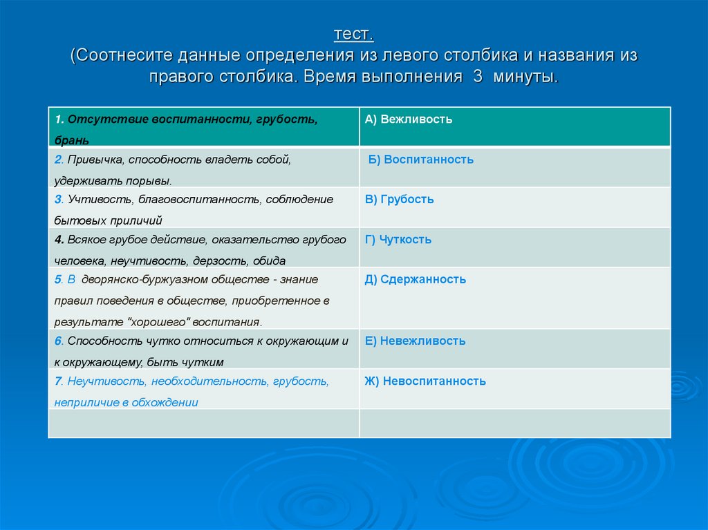 С левого столбика с правого. Тест соотнесите определения. Тесты детям по воспитанности. Соотнесение данных. Тест на воспитанность.