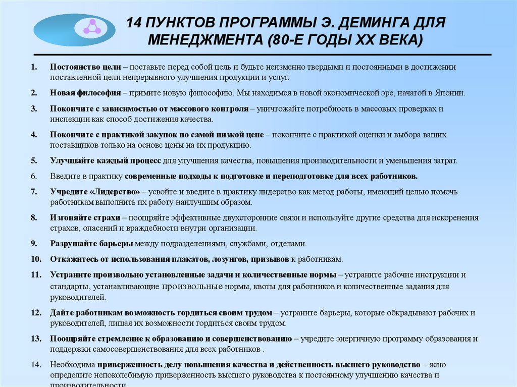 Пункт качество. Программа менеджмента качества э Деминга. 14 Пунктов Деминга. Принципы э Деминга в управлении качеством. Принципы качества Деминга 14 пунктов.