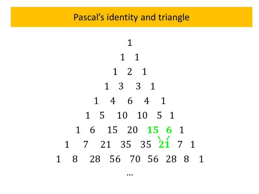 Combinatorics. Pascal’s identity and triangle online presentation