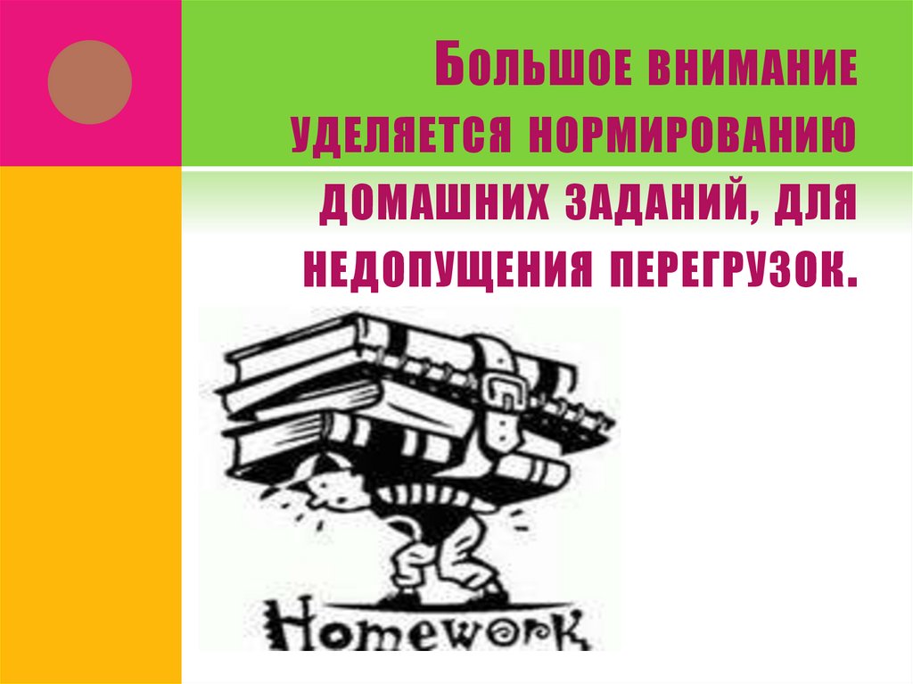    Большое внимание уделяется нормированию домашних заданий, для недопущения перегрузок.