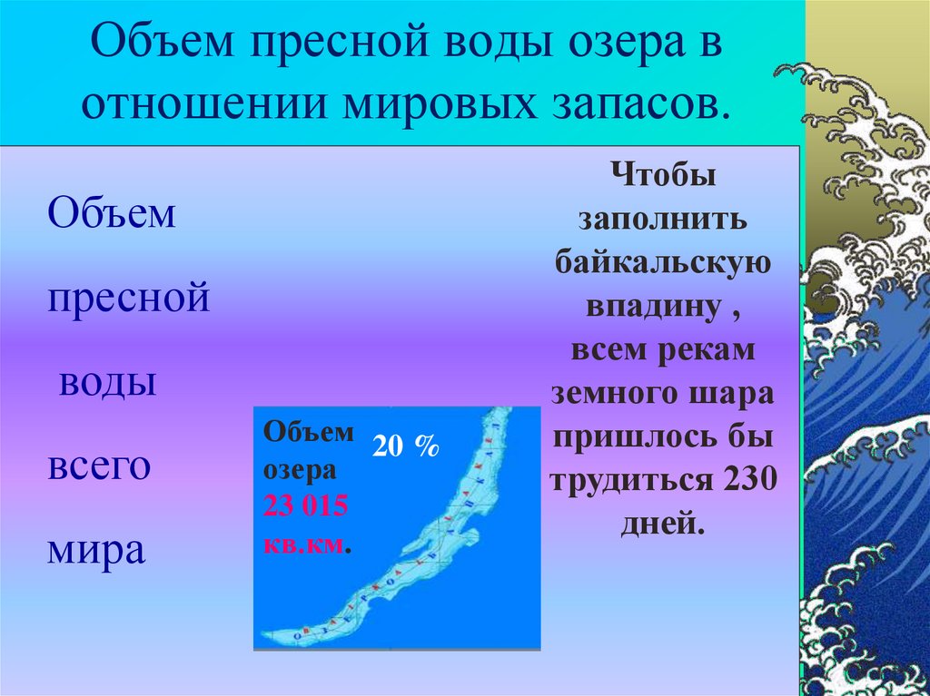Байкал запасы пресной. Объем пресной воды в Озерах. Озеро Байкал объем воды. Объем озера Байкал. Озера России по объему пресной воды.