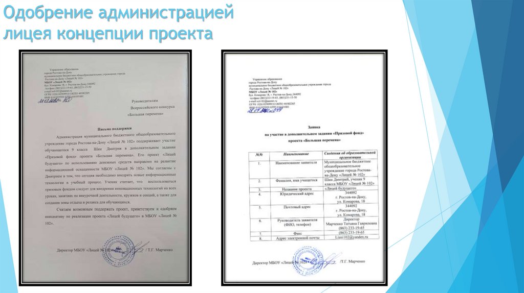 Одобрение администрацией лицея концепции проекта