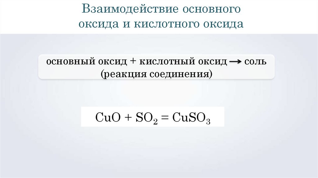 Типичные реакции основных оксидов. Кислотно-основные реакции. Солеобразующие реакции. Кислотный оксид и кислота.