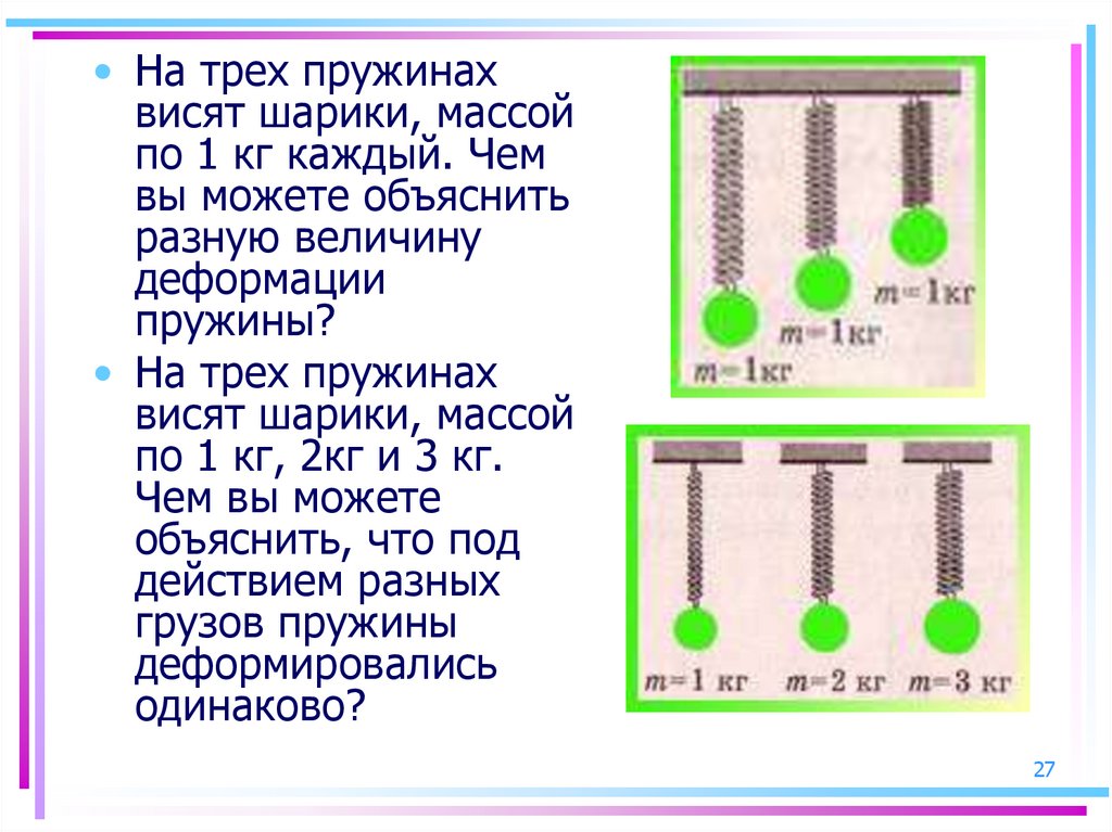 Величина деформации пружины. На трех пружинах висят шарики массой по 1 кг каждый. На трех пружинах висят шарики массой по 1 кг чем вы можете объяснить. Под действием разных грузов пружины деформировались одинаково?. На трех пружинах висят шарики массой по 1 кг 2 кг 3 кг.