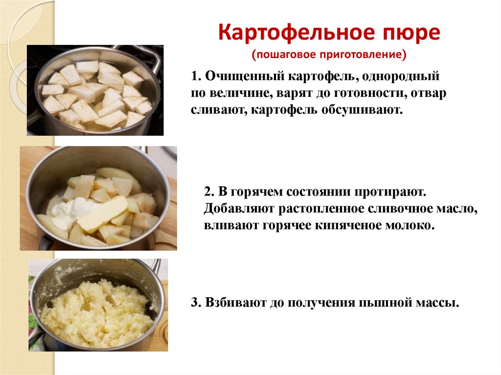 Картофель в горячую воду. Пошаговое приготовление пюре картофельное. Схема приготовления картофельного пюре. Технологическая схема приготовления блюда картофельное пюре. Процесс приготовления пюре из картофеля.