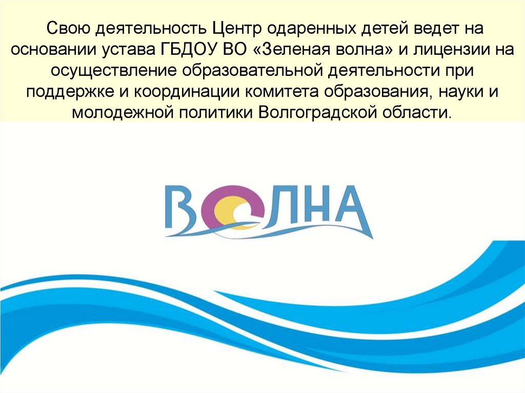 Свою деятельность Центр одаренных детей ведет на основании устава ГБДОУ ВО «Зеленая волна» и лицензии на осуществление