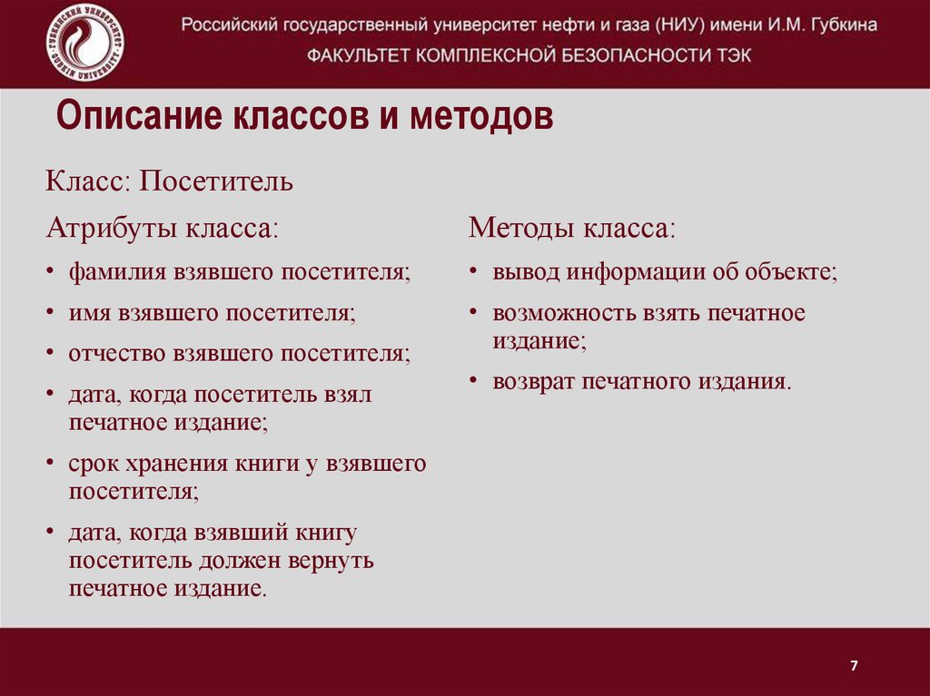 Описание классов и методов