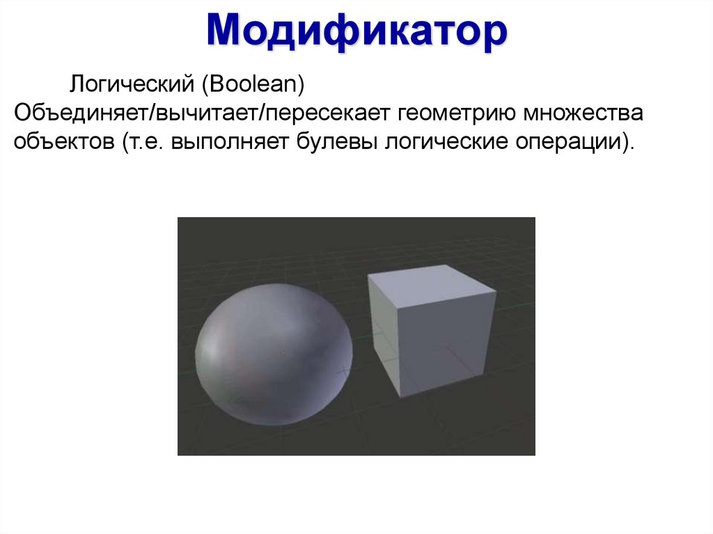 Геометрическое множество. Модификаторы света. Модификаторы это Информатика. Модификатор для шара с ребрами. Используя логический модификатор получить объекты.