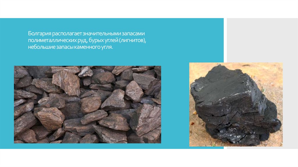 Болгария располагает значительными запасами полиметаллических руд, бурых углей (лигнитов), небольшие запасы каменного угля.