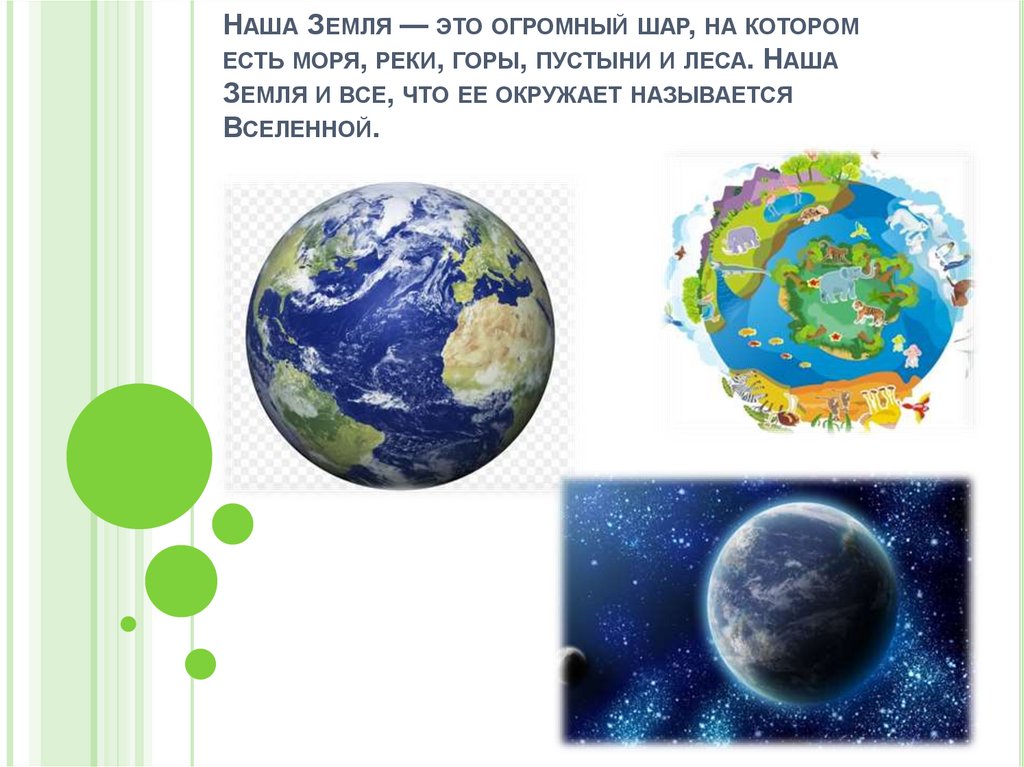 Наша Земля — это огромный шар, на котором есть моря, реки, горы, пустыни и леса. Наша Земля и все, что ее окружает называется