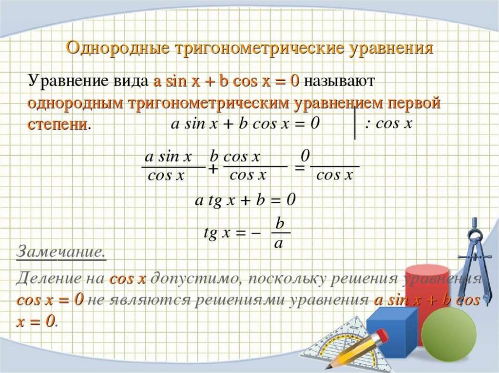 Решение однородных тригонометрических уравнений 10 класс презентация