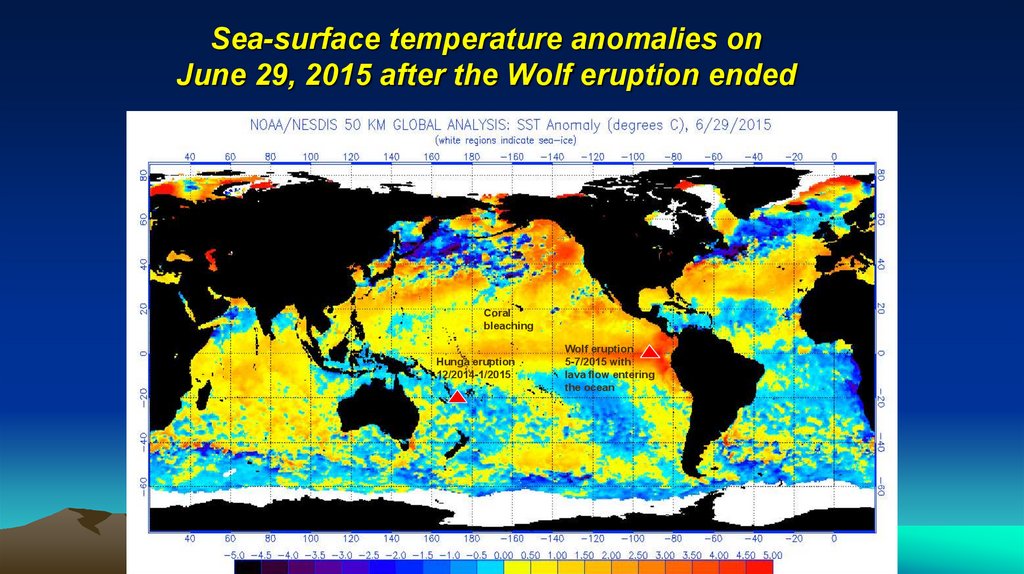 Sea-surface temperature anomalies on June 29, 2015 after the Wolf eruption ended