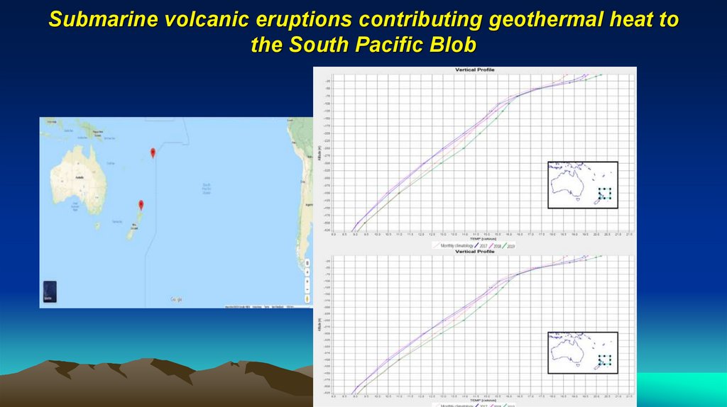 Submarine volcanic eruptions contributing geothermal heat to the South Pacific Blob