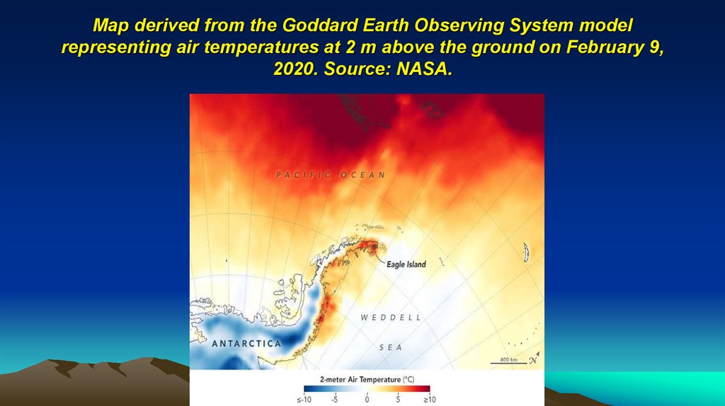 Map derived from the Goddard Earth Observing System model representing air temperatures at 2 m above the ground on February 9,