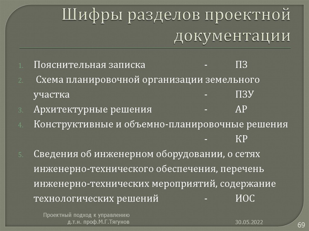 Шифры разделов проектной документации