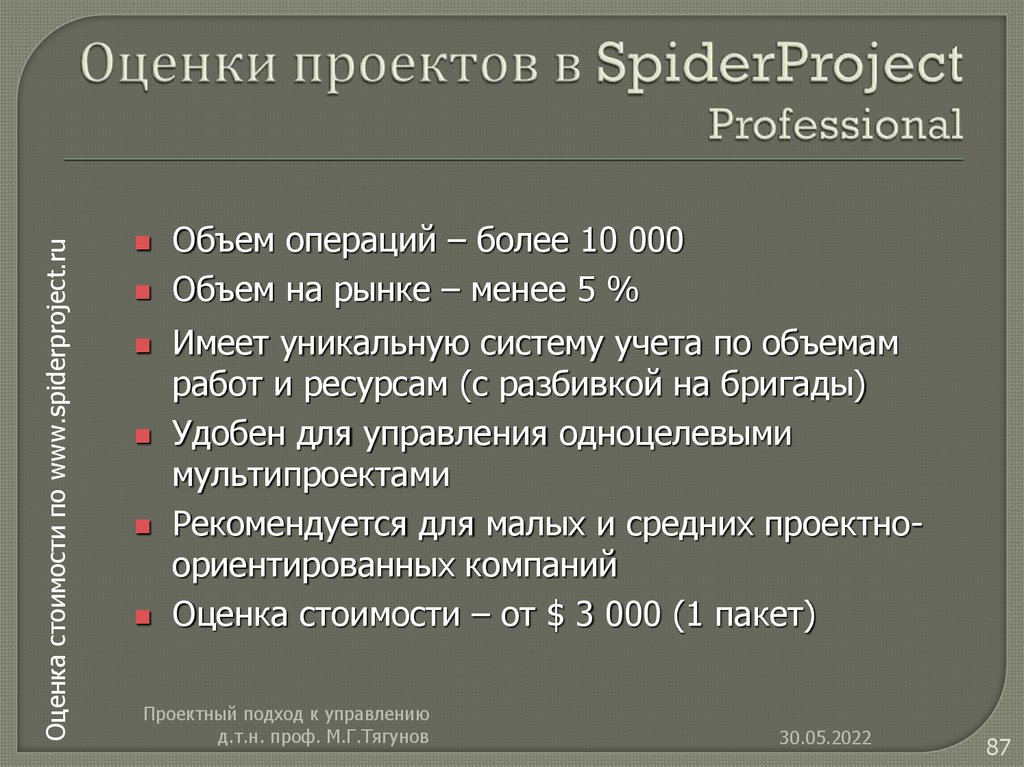 Оценки проектов в SpiderProject Professional