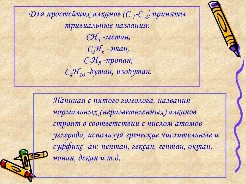 Как в прошлом веке называли разветвление. Порядок построения названия разветвленного алкана. Тривиальные названия алканов. Номенклатура метан Этан. Номенклатура алканов (ИЮПАК пропан.