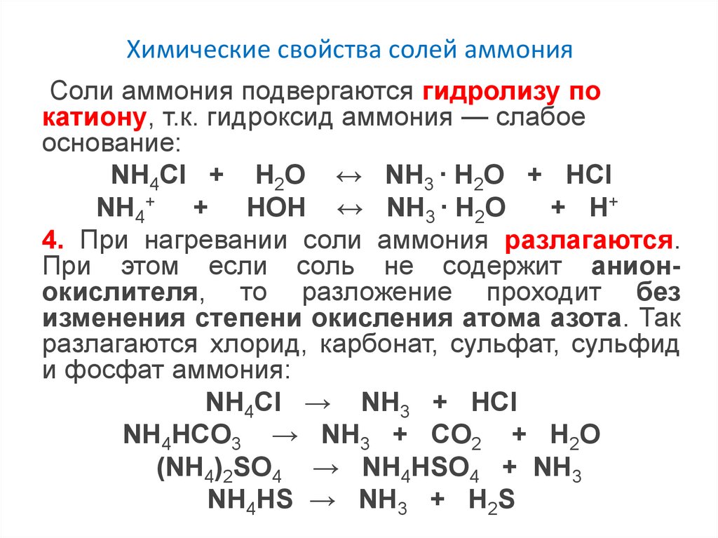 Взаимодействие гидроксида аммония с кислотой