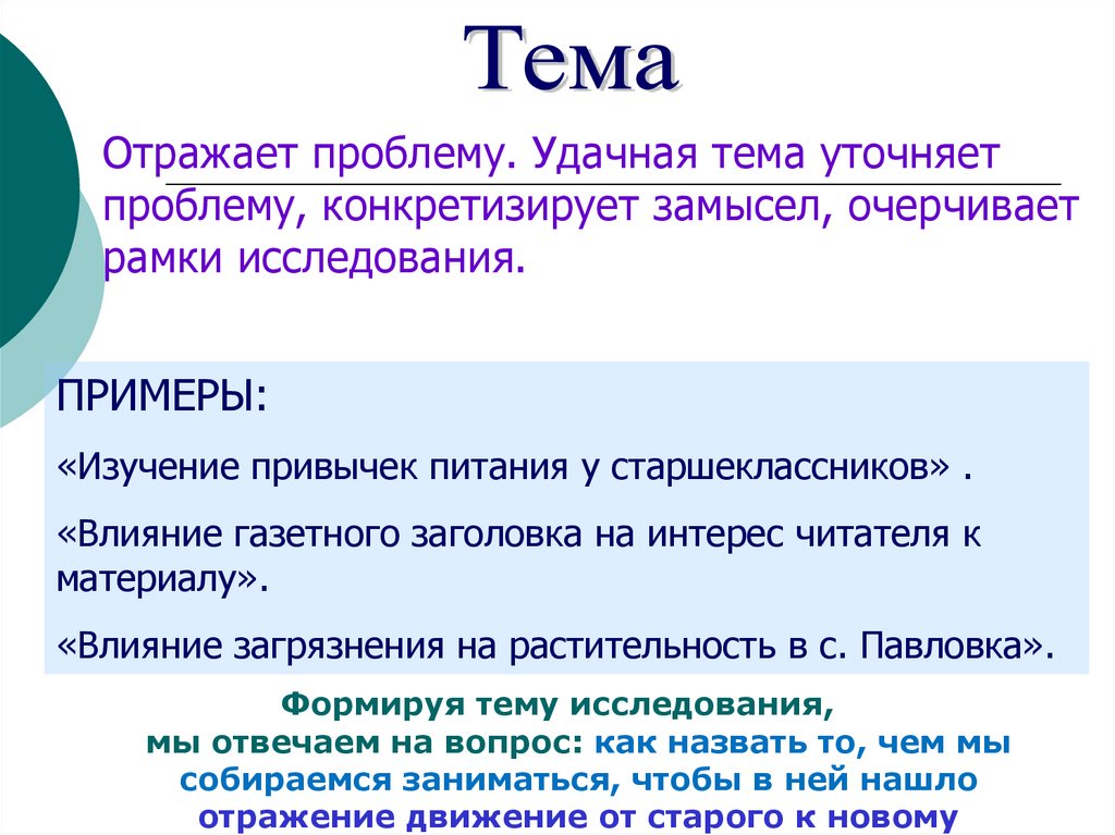 Объект проблемы. Выбор темы и уточнение названия. Конкретизирующие вопросы. Двумерное уточнение проблемы. Отражает проблему.