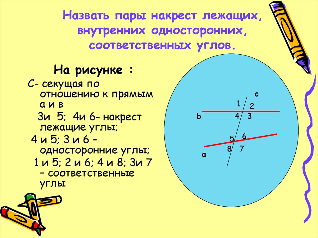 Внутреннее лежащие углы. Назвать пары лежащих односторонних и соответственных углов. Назвать пары внутренних накрест лежащих углов. Назовите пары накрест лежащих углов. Назвать пару внутренних накрест лежащих углов.