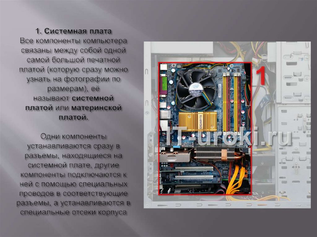 1. Системная плата Все компоненты компьютера связаны между собой одной самой большой печатной платой (которую сразу можно