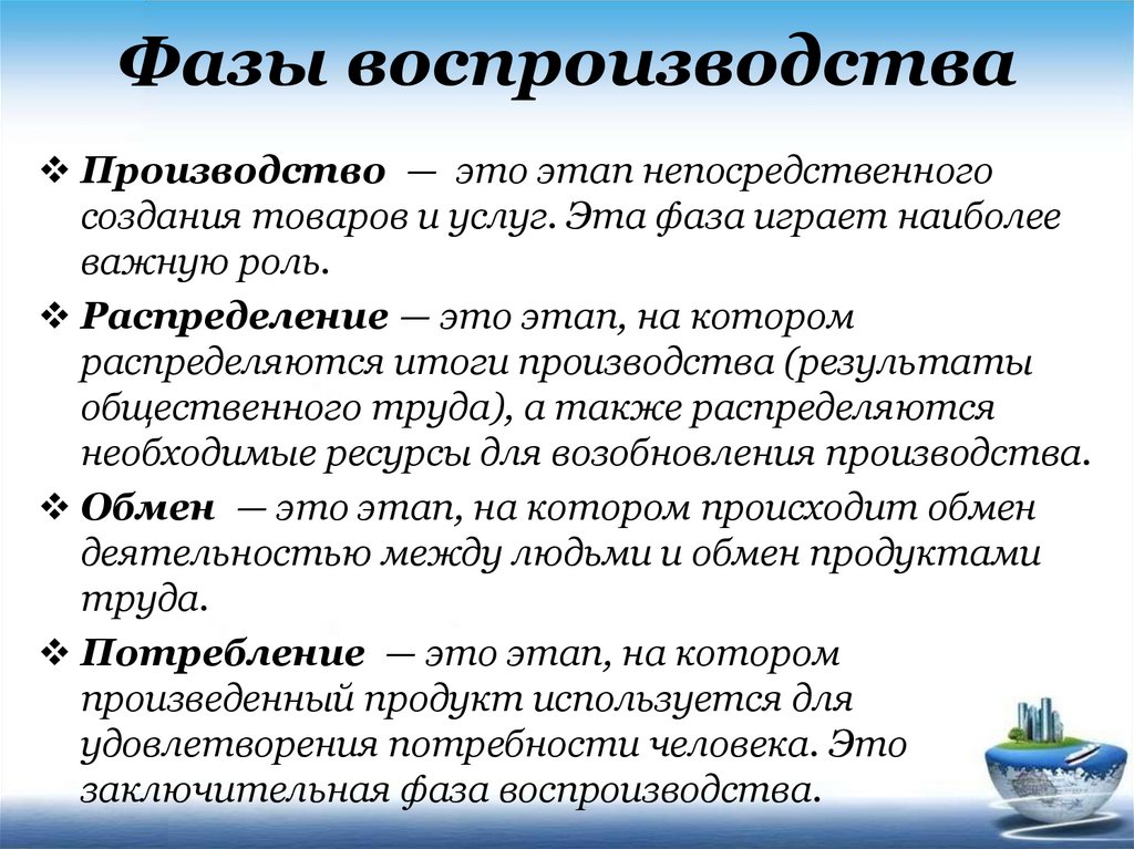 Последовательность стадий воспроизводства. Фазы воспроизводства. Стадии воспроизводства в экономике.