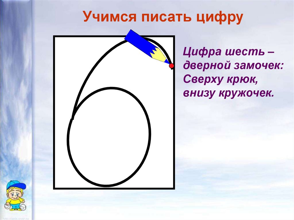 Название цифры 6. Написание цифры 6. Поэтапное написание цифры 6. Цифра 6 письменная. Объяснение написания цифры 6.