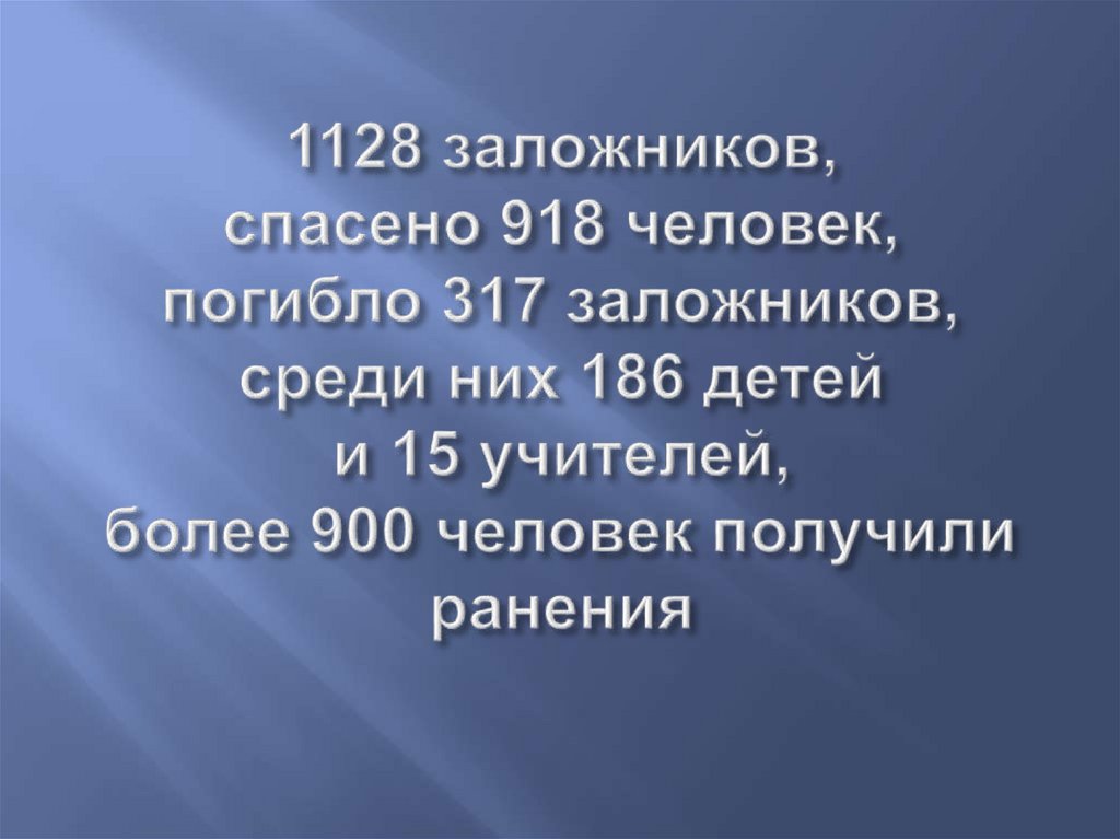1128 заложников, спасено 918 человек, погибло 317 заложников, среди них 186 детей и 15 учителей, более 900 человек получили