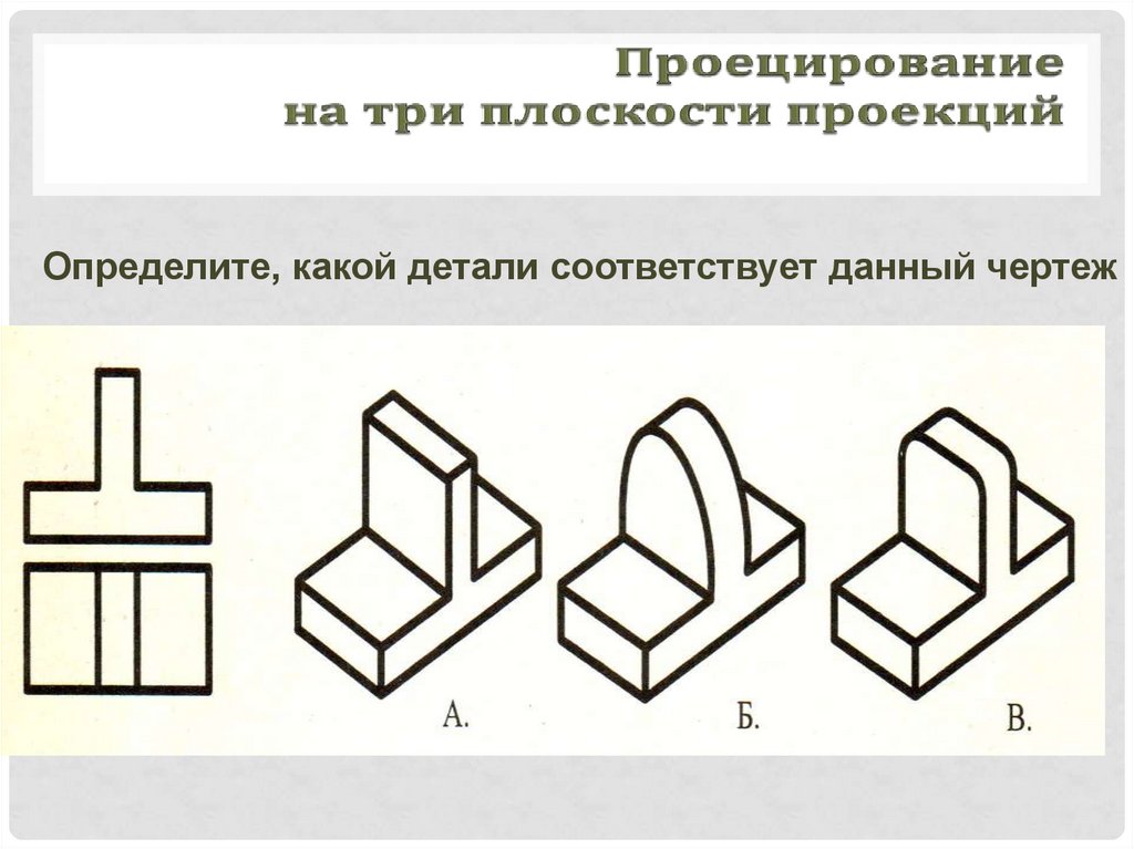 Наглядные изображения предметов. Прямоугольное проецирование. Прямоугольное проецровани. Определите какой детали соответствует данный чертеж. Прямоугольное проецирование представлено на рисунке....