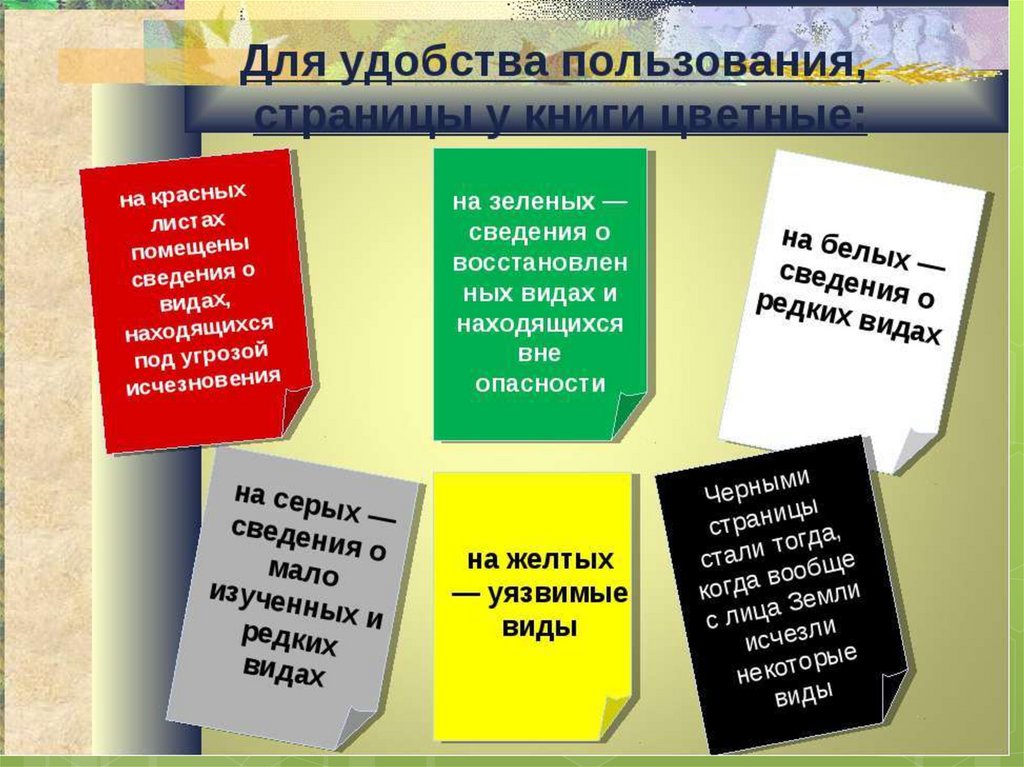 Красная книга по цвету. Цветные страницы красной книги России. Цвета страниц красной книги. Цвета страниц красной книги растений. Красная книга России разноцветные страницы.