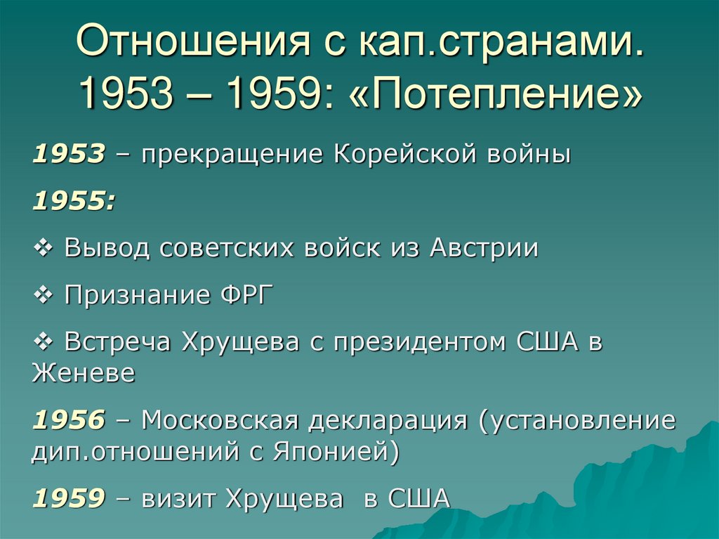 Отношения с кап.странами. 1953 – 1959: «Потепление»