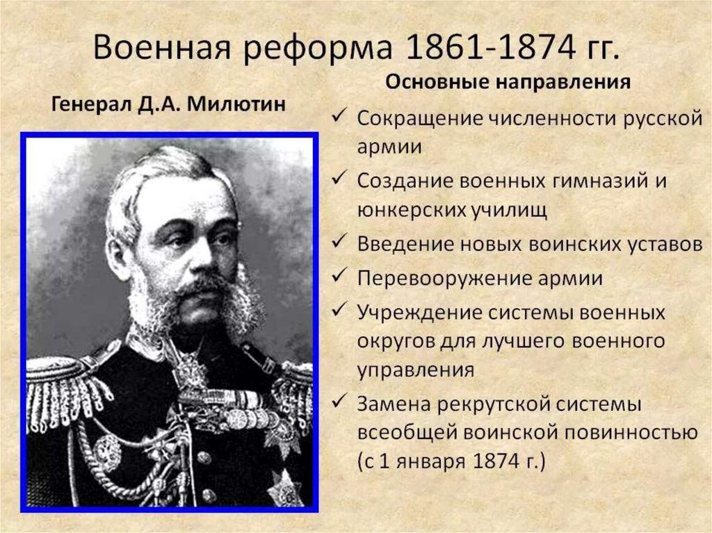 В ходе либеральных реформ 1860 1870 происходит. Милютин 1874. Военные реформы Милютина 1860-1870. Реформа Милютина 1874.